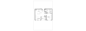 A floor plan of a house with a kitchen, living room, two bedrooms and a balcony.