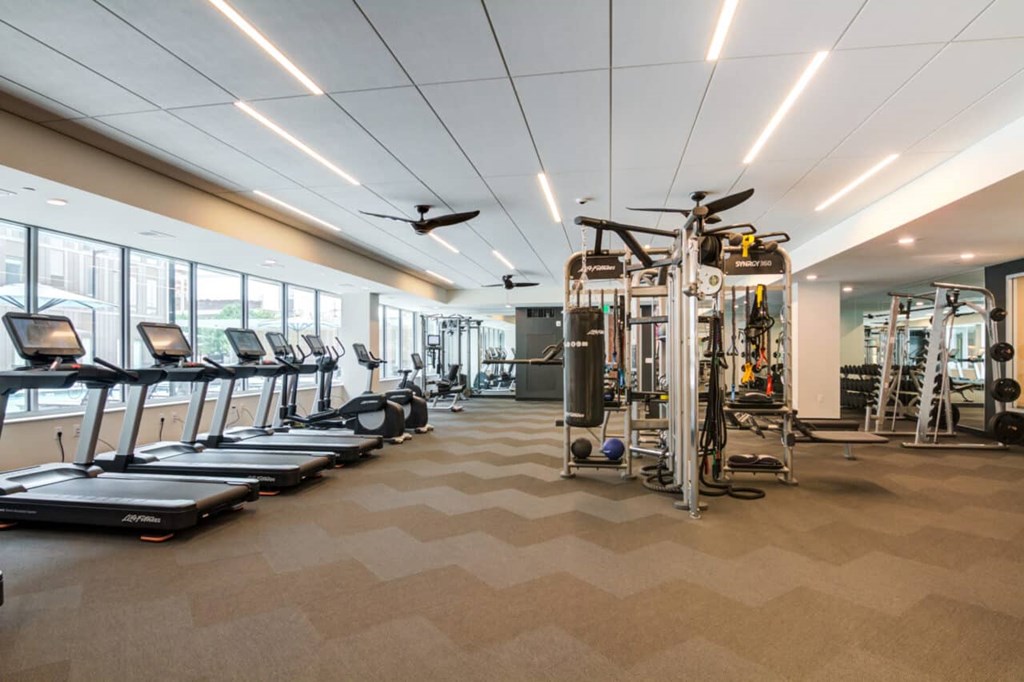 One-Bedroom Luxury Apartments in Bloomington, MN - The Finley - Fully Equipped Fitness Center with Cardio Machines, High Ceilings with Fans, Large Window,s and Weight Lifting Machine