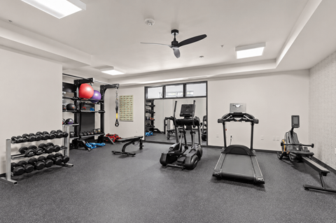 A spacious gym with a variety of equipment including a treadmill, weights, and a bench press.