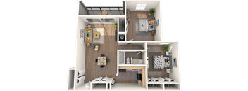 Pet-Friendly Apartments in Tampa, FL – Belara Lakes - 3D floorplan of our 2 bed, 1 bath 1,074 sq. ft. Flamingo floorplan