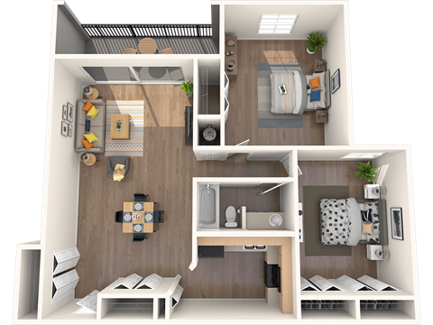 Pet-Friendly Apartments in Tampa, FL – Belara Lakes - 3D floorplan of our 2 bed, 1 bath 1,074 sq. ft. Flamingo floorplan
