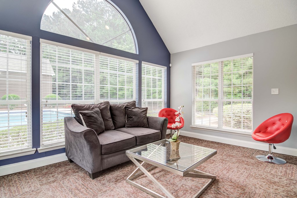 Modern resident clubhouse for gatherings and events at Flats at River View apartments in Duluth, GA, near Lawrenceville.