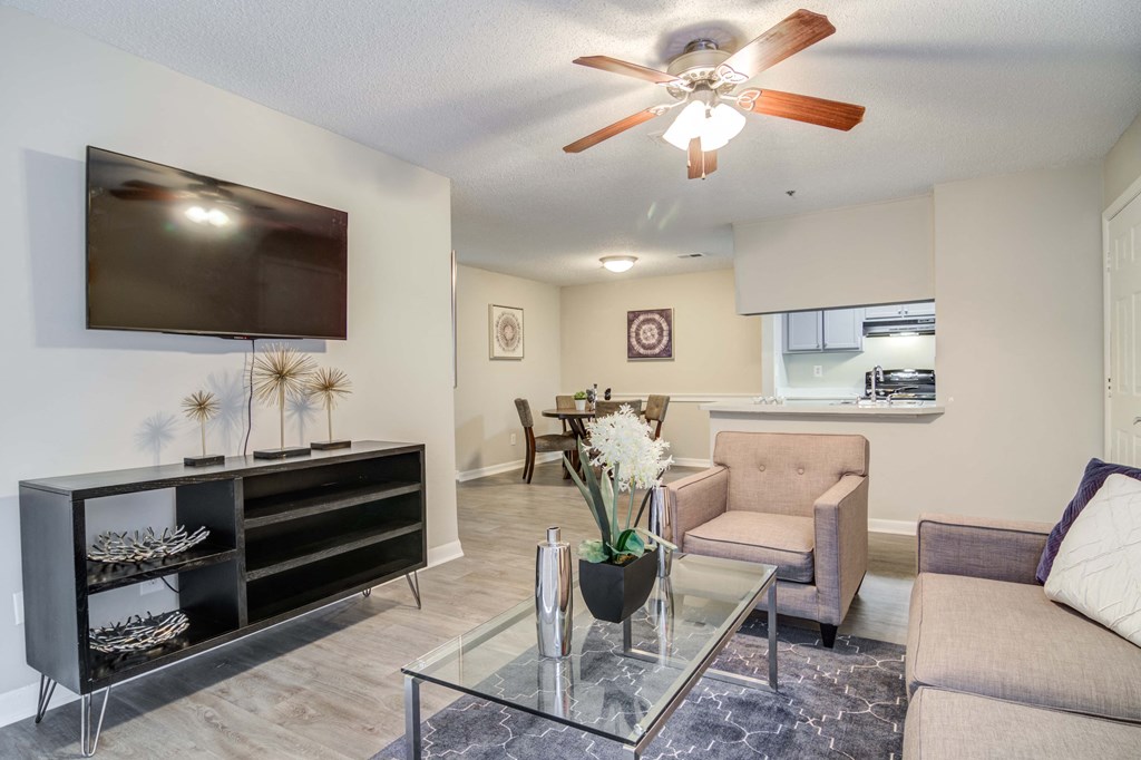 Open-concept spacious living room at Flats at River View apartments in Duluth, GA, near Lawrenceville.