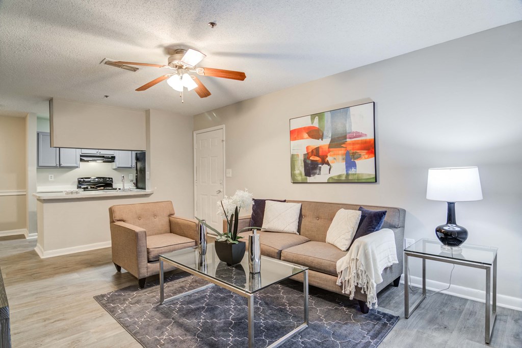 Flats at Riverview apartments in Duluth Georgia photo of living room with ceiling fan