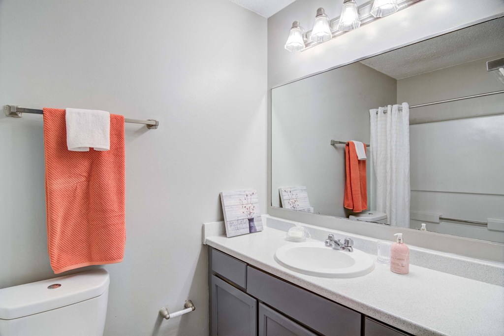 Modern bathroom with sleek fixtures at Flats at River View apartments in Duluth, GA, near Lawrenceville.