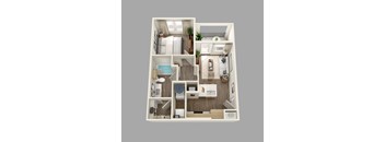 A 3D floor plan of a small apartment with a bedroom, living room, kitchen, and bathroom.