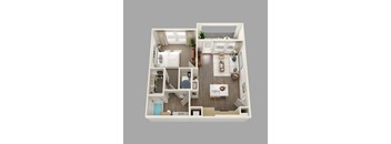 A top-down view of a small apartment with a kitchen, living room, and bedroom.