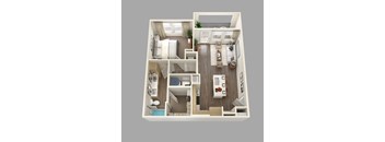 A 3D rendered image of a modern apartment layout.