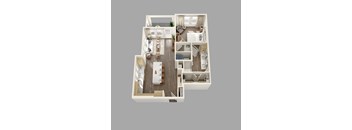 A top-down view of a house layout with a kitchen, living room, and bedrooms.
