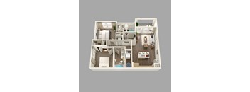 A 3D rendered image of a house layout.