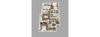 A 3D floor plan of a house with multiple rooms and furniture.
