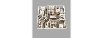 A top-down view of a two-bedroom apartment with a living room, kitchen, and bathroom.