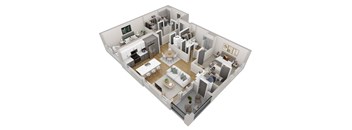 3d floor plan of a home with a bedroom and living room