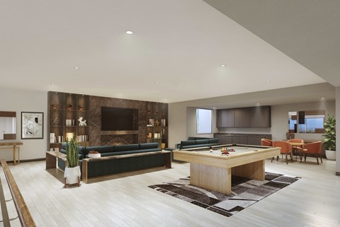 A modern living room with a pool table and a fireplace.