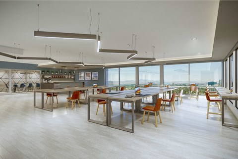 A modern dining area with wooden chairs and tables.