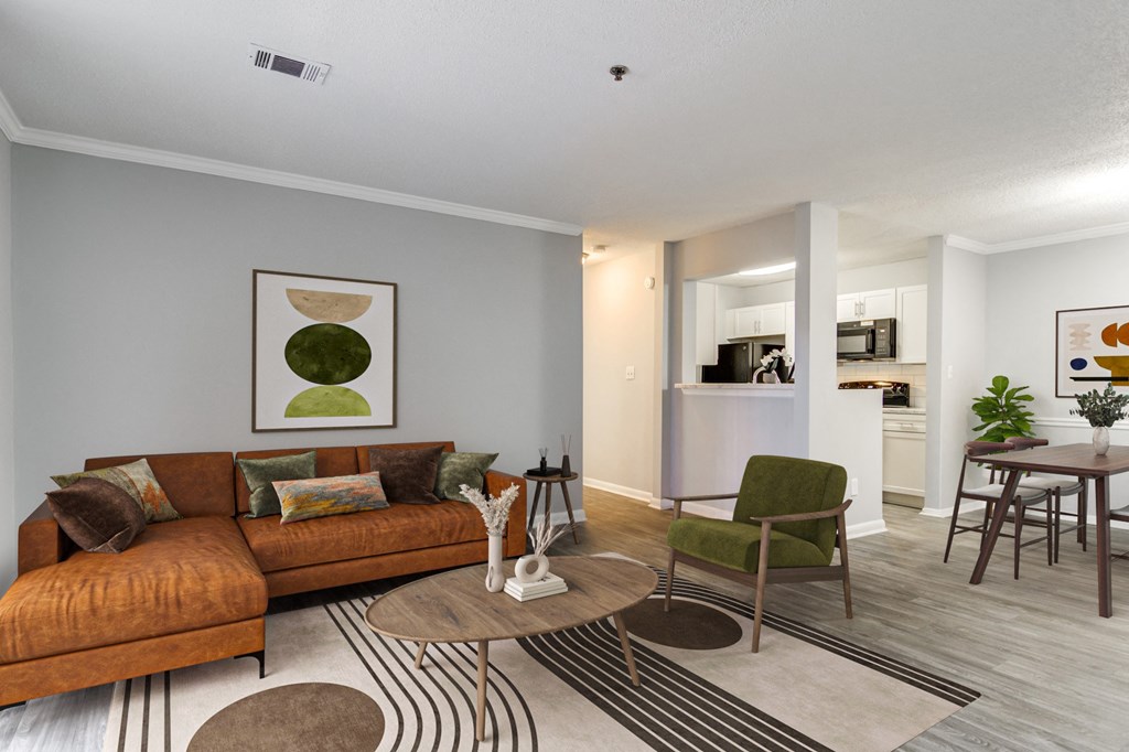 Open concept living room at Forest Glen apartments in Austell, GA 30106, near South Cobb County and Douglasville.
