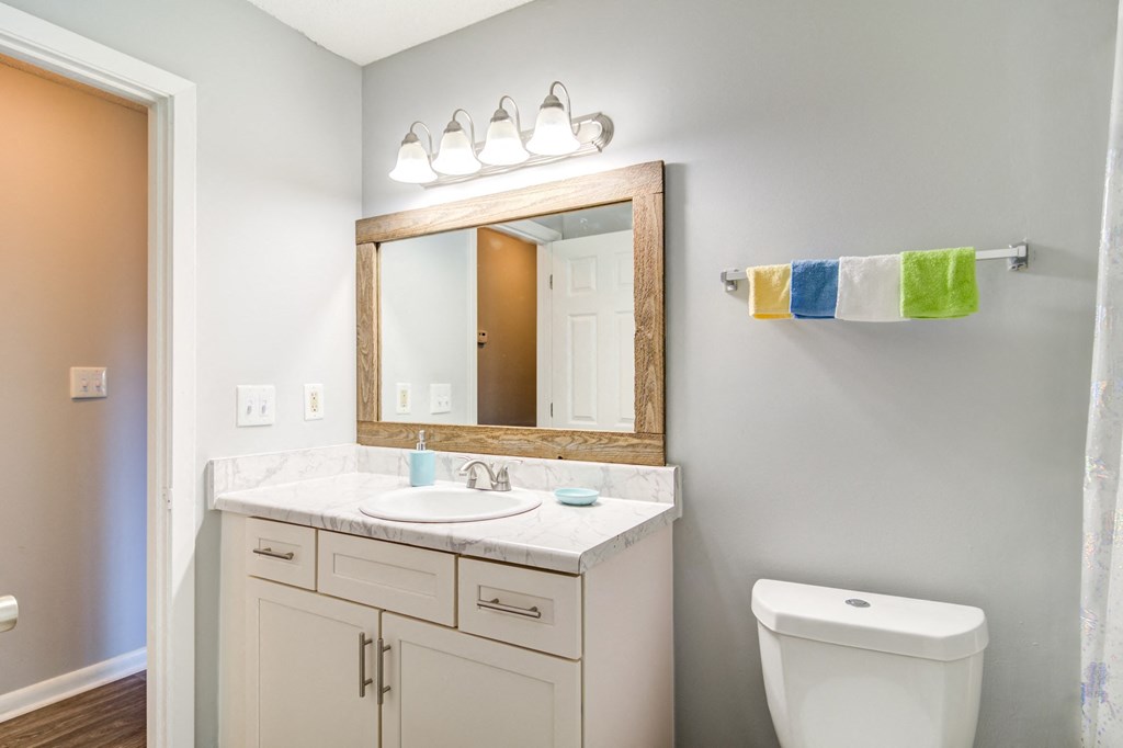 Bathroom with modern fixtures at Forest Glen apartments in Austell, GA 30106, near South Cobb County and Douglasville.
