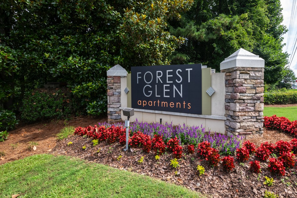 Entrance sign for Forest Glen apartments in Austell, GA 30106, near South Cobb County and Douglasville.