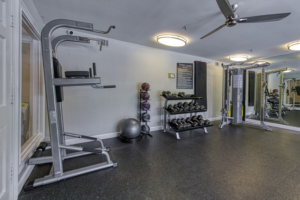 Modern fitness studio featuring strength training machines at Forest Glen apartments in Austell, GA 30106, near South Cobb County and Douglasville.