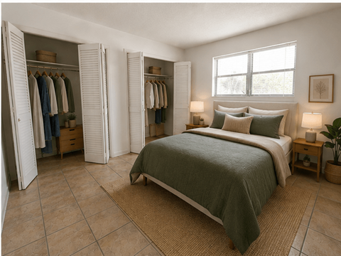 Comfortable bedroom at RTW Rentals in Fort Lauderdale featuring spacious layouts, natural light, tile flooring, and relaxing living spaces.
