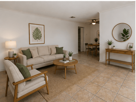 A living room with a beige sofa, two chairs, and a coffee table.