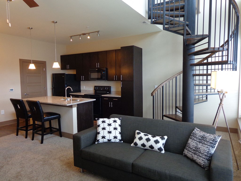 a view of the kitchen and living room from the living room