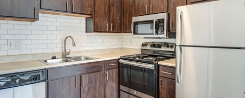 dark wood kitchen with stainless steel appliances