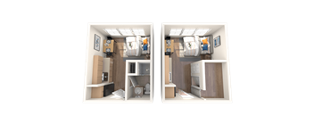 Two images of a small, neatly organized room with a bed, desk, and storage.