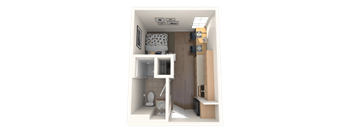 A 3D rendered image of a small, modern bathroom.