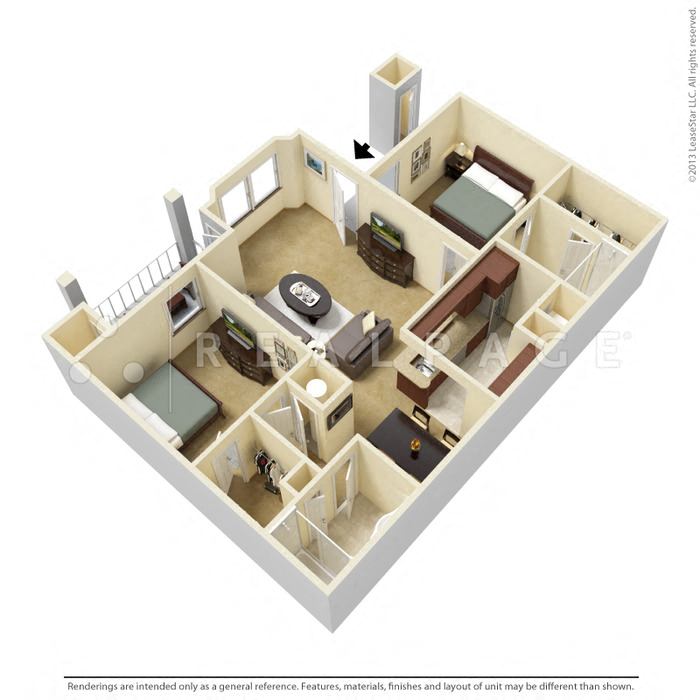 this is an image of a 3d floor plan of a 2 bedroom apartment