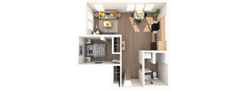 A 3D rendered image of a small apartment layout.