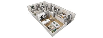 3d floor plan of a home with a bedroom and a living room