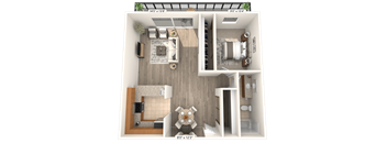 A 3D floor plan of a small apartment with a kitchen, living room, and bedrooms.