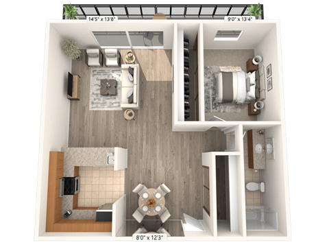A 3D floor plan of a small apartment with a kitchen, living room, and bedrooms.