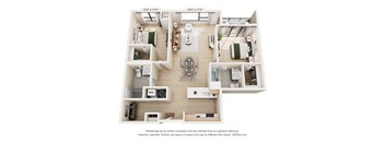 A 3D floor plan of a house with a kitchen, living room, and two bedrooms.