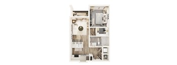 A white and wood floor plan of a small apartment.