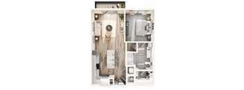 A detailed layout of a small apartment with a kitchen, living room, and bathroom.