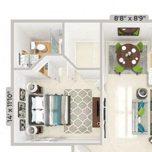 3d furnished 1 Bed 1 Bath 824 square feet floor plan The Bungalow