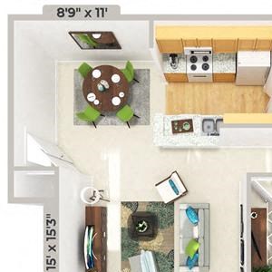 3d furnished 1 Bed 1 Bath 811 square feet floor plan The Cabana