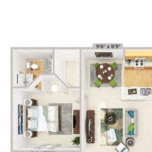 3d furnished 2 Bed 2 Bath 1109 square feet floor plan The Cottage Retreat