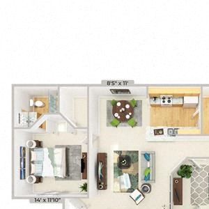 3d furnished 3 Bed 2 Bath 1343 square feet floor plan The Villa