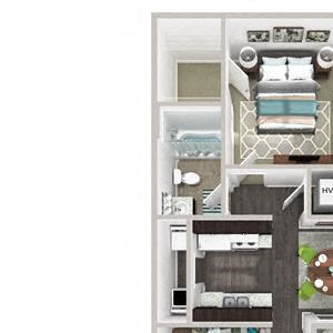 3d furnished 1 Bed 1 Bath 620 square feet floor plan