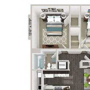 3d furnished 2 Bed 2 Bath 1005 square feet floor plan