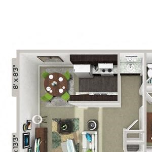 1 Bed 1 Bath 722 square feet floor plan Belvedere