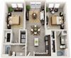 2 Bed 2 Bath 1023 square feet 3d furnished floor plan Morrell
