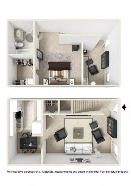 two images of a house with a bedroom and a living room