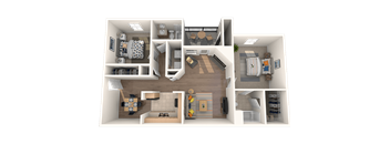 A 3D floor plan of a house showing a kitchen, living room, dining room, and bedrooms.