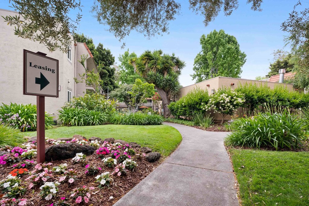 a sidewalk leading to a leasing sign in a garden