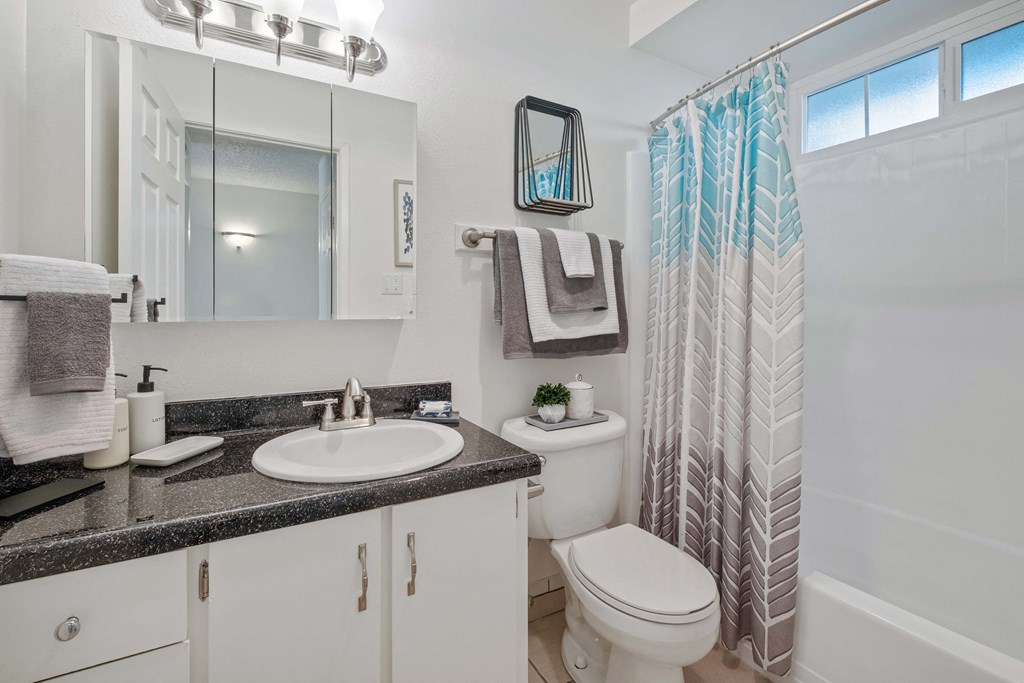 One-Bedroom Apartments in Hayward, CA - Glen Oaks - Bathroom with Gray Granite Countertop Sink, White Cabinetry, Above Mirror Cabinet with Overhead Lighting, and a Shower with a Tub and a Blue/Gray Shower Curtain.