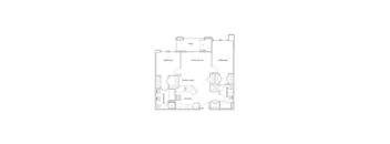A floor plan of a house with a patio, living room, dining area, kitchen, and bathroom.